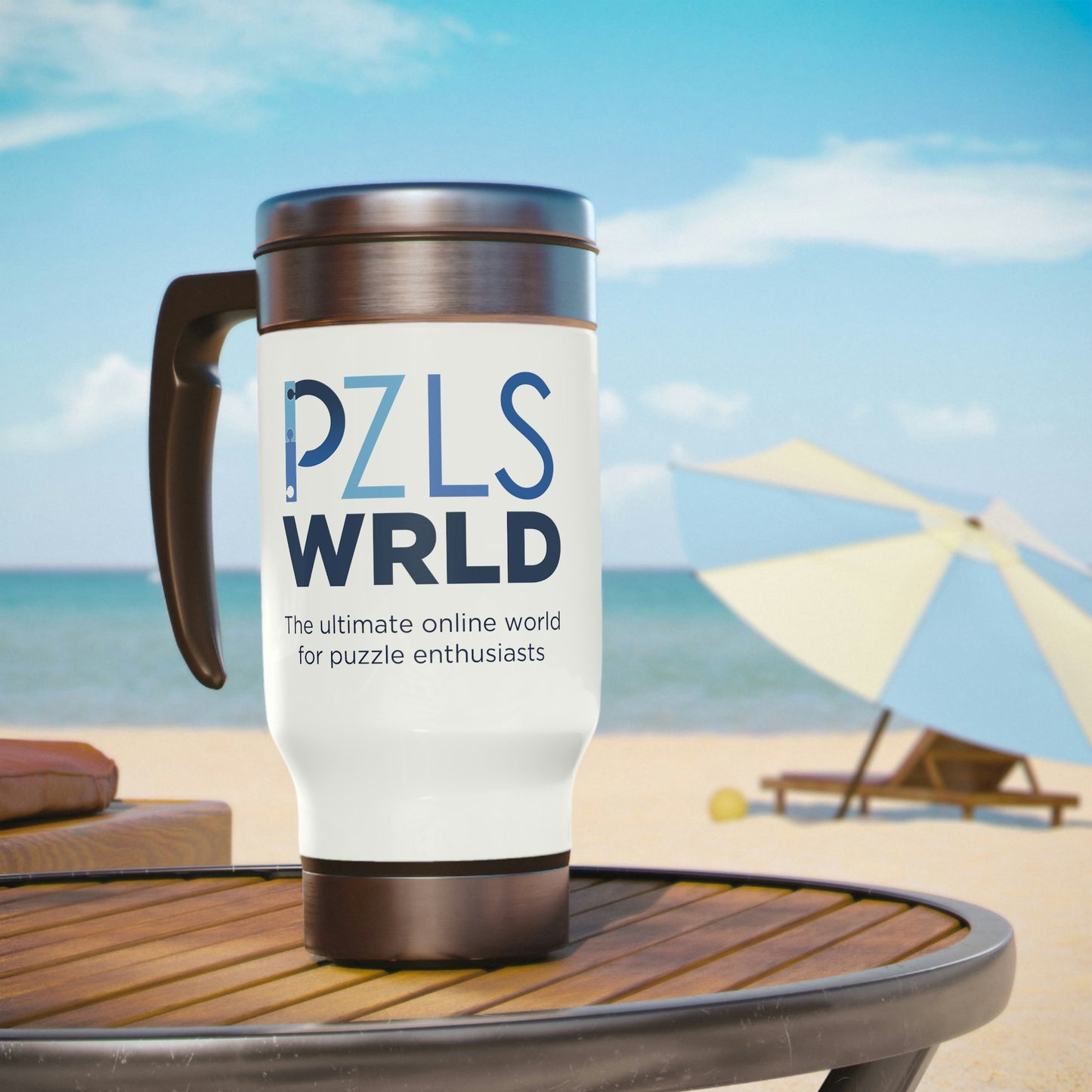 L. PZLS WRLD Stainless Steel Travel Mug with Handle, 14oz