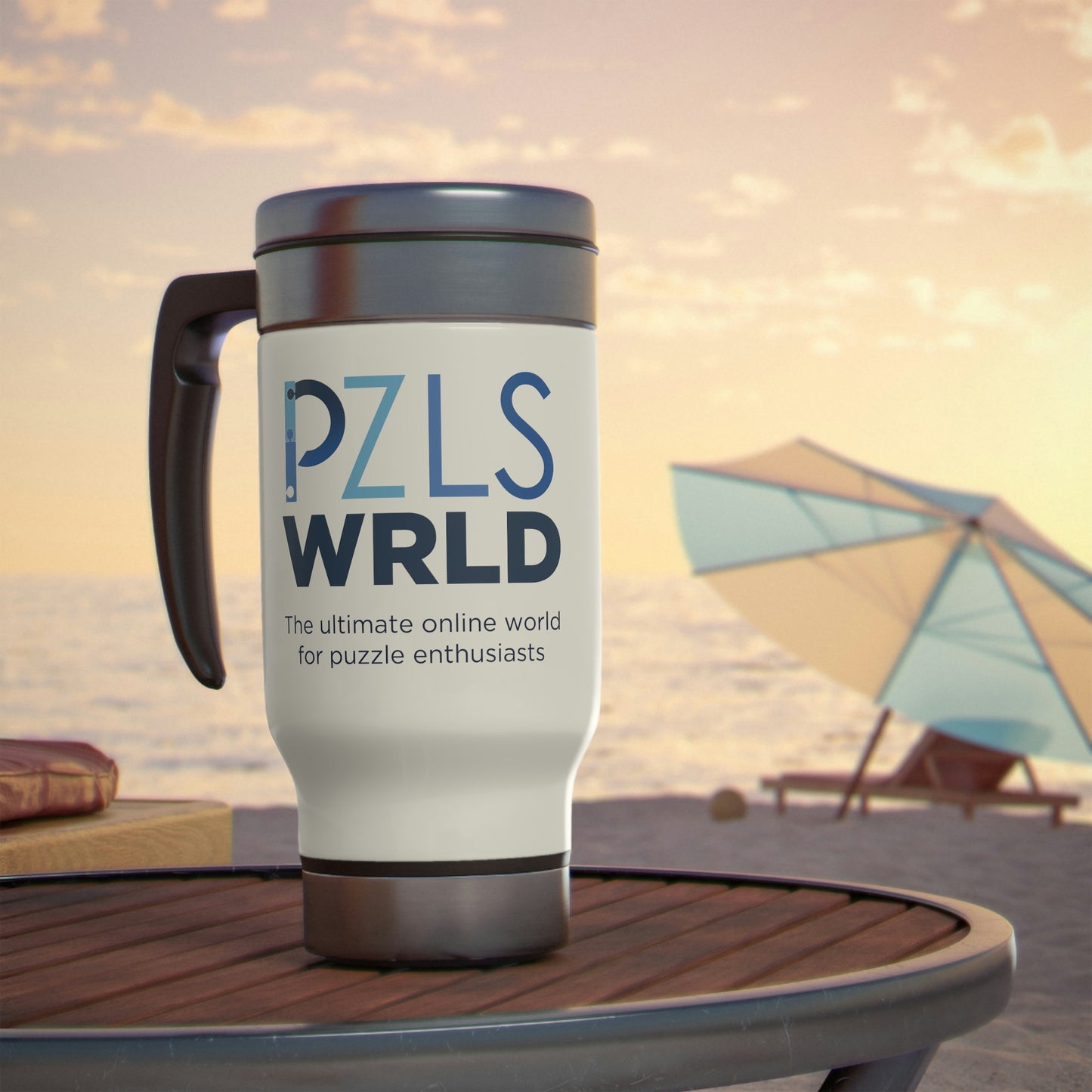 L. PZLS WRLD Stainless Steel Travel Mug with Handle, 14oz